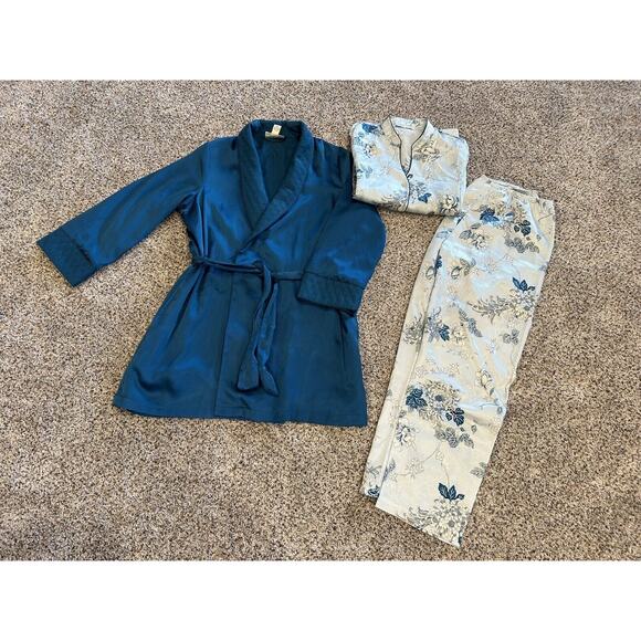 Vintage MORGAN TAYLOR Size S 3 PC PAJAMA & ROBE SET TOP & PANTS Floral Blue J23 - Picture 2 of 9